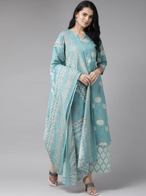 yufta blue printed round neck kurta with palazzo & dupatta