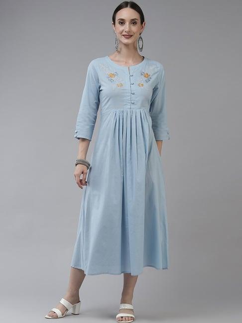 yufta blue pure cotton embroidered a-line dress