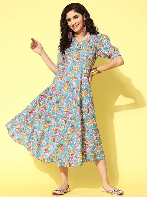 yufta blue pure cotton floral print a-line dress