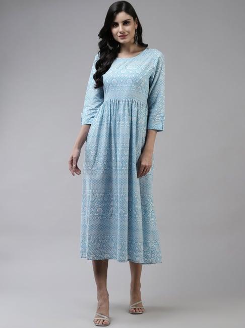 yufta blue pure cotton printed a-line dress