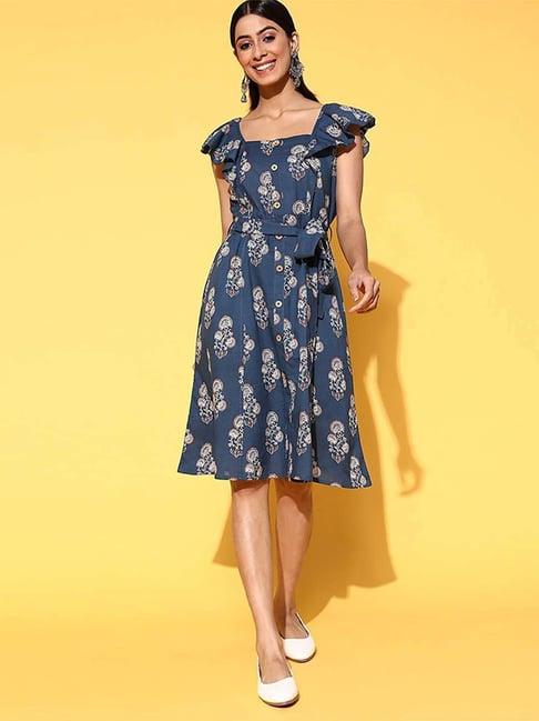 yufta blue pure cotton printed a-line dress