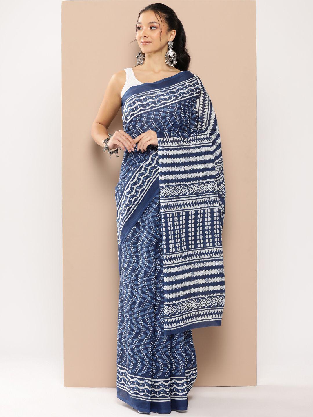 yufta blue voile block print saree