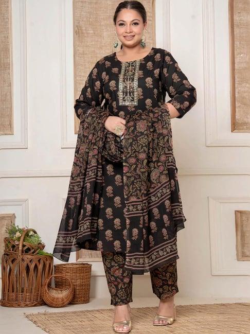 yufta brown cotton printed kurta pant set with dupatta