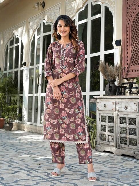 yufta brown floral kurta pant set