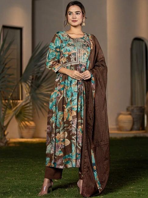 yufta brown printed kurta pant set with dupatta