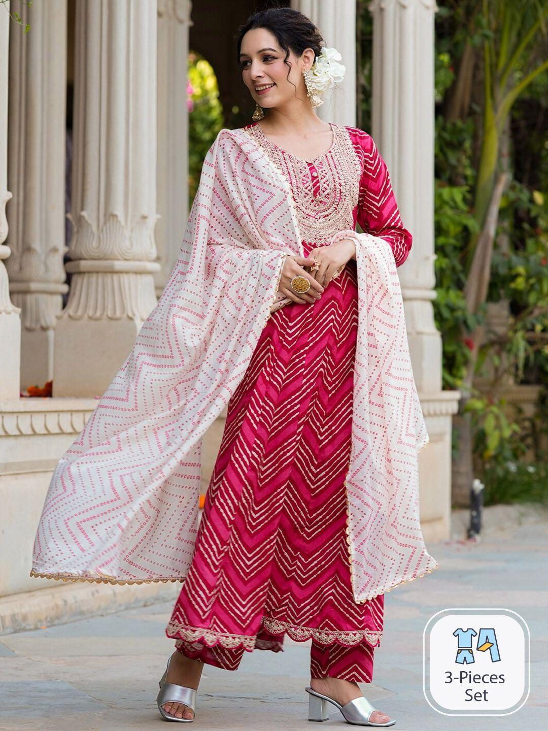 yufta chevron printed anarkali sequinned kurta with trousers & with dupatta