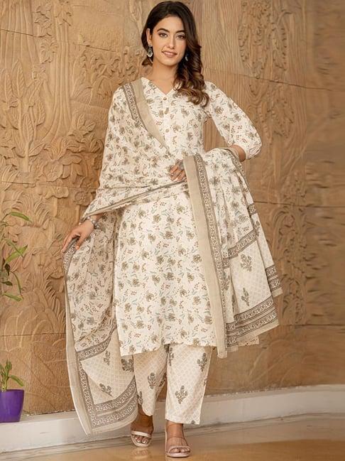 yufta cream cotton printed kurta pant set with dupatta