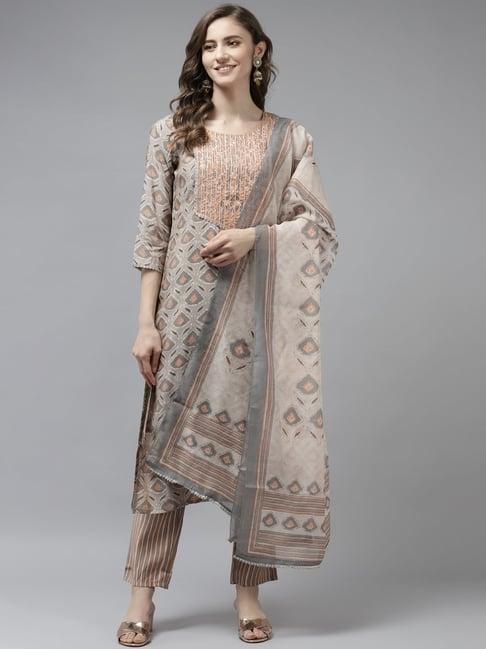 yufta dark beige embroidered kurta with pant & dupatta