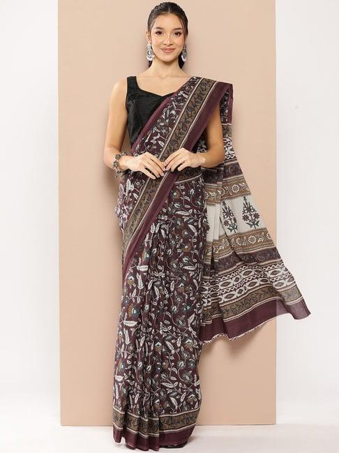 yufta dark maroon cotton floral print saree with unstitched blouse