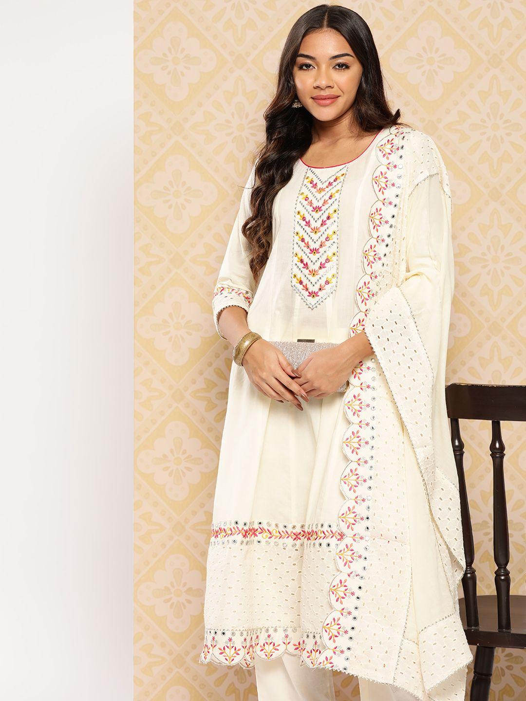 yufta ethnic motifs embroidered mirror work schiffli pure cotton kurta set