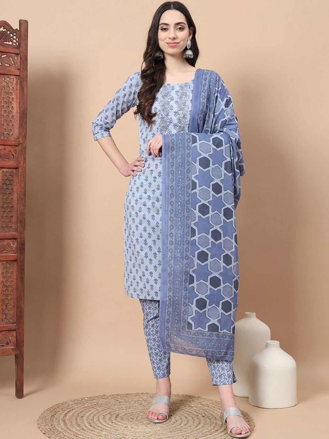 yufta ethnic motifs embroidered thread work pure cotton kurta with trousers & dupatta