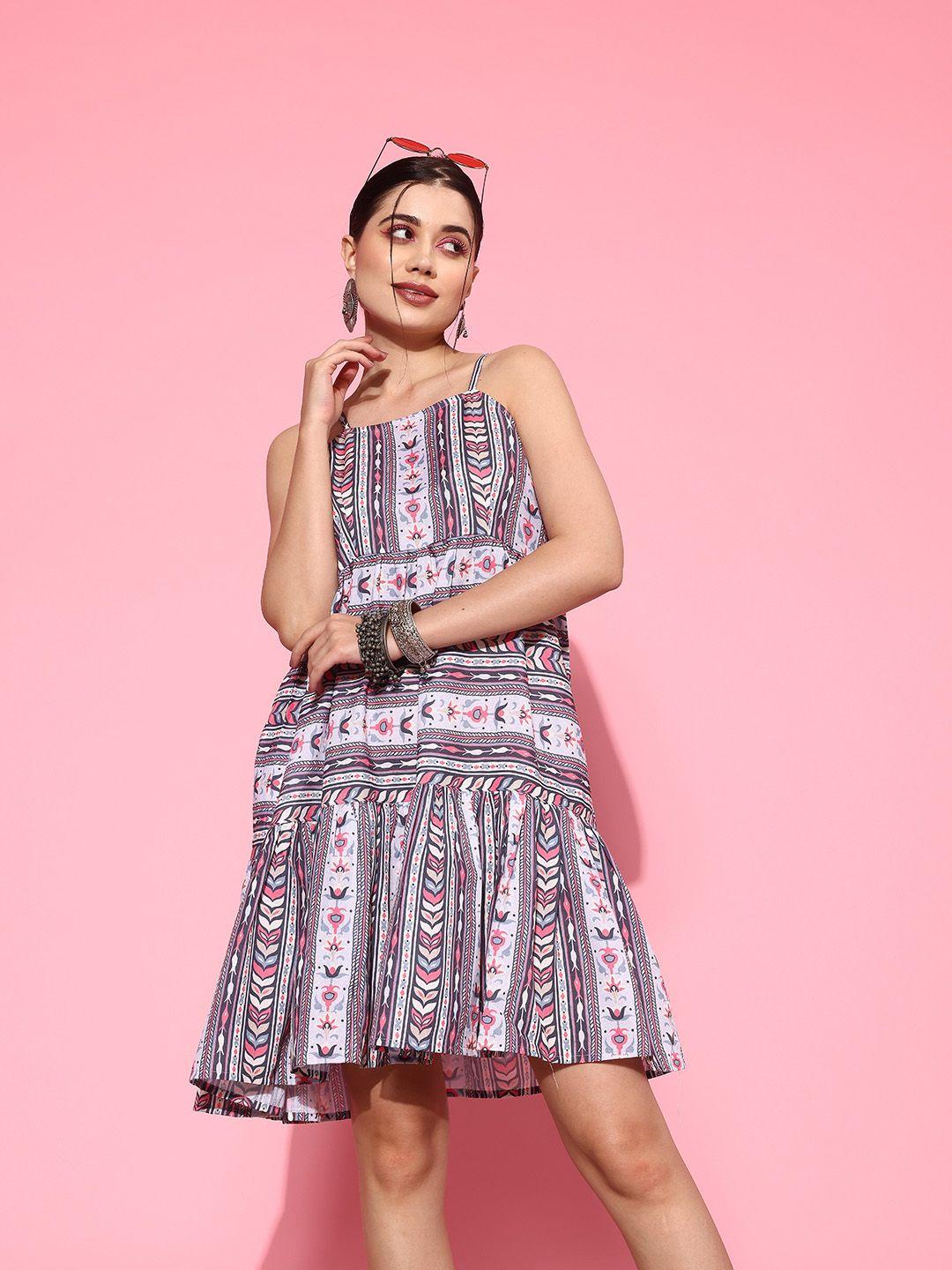 yufta ethnic motifs print a-line pure cotton tiered ethnic dress