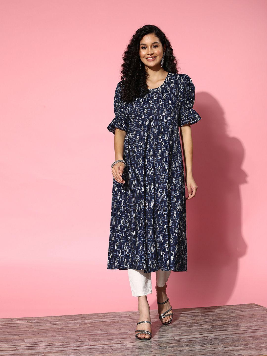 yufta ethnic motifs printed flared sleeves cotton kurta