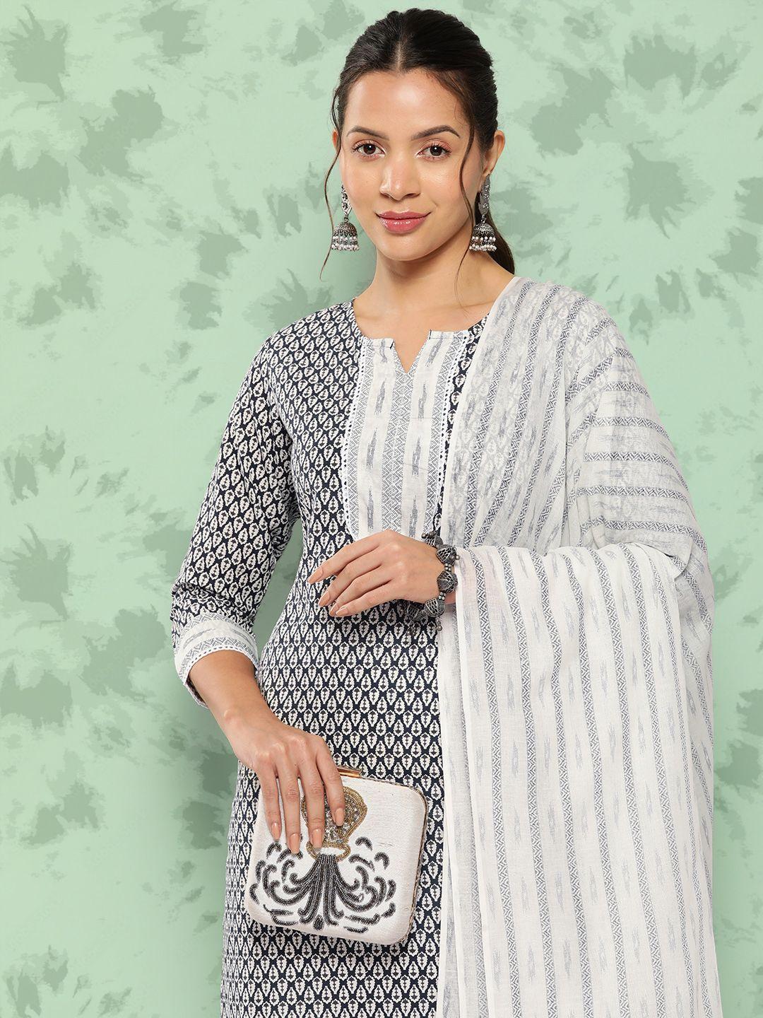 yufta ethnic motifs printed pure cotton kurta with trousers & dupatta