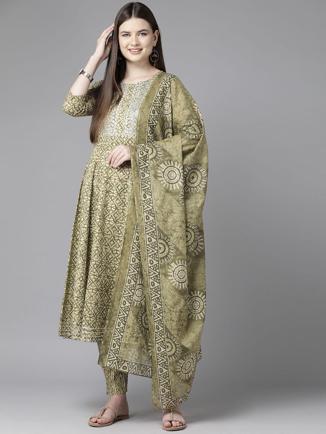 yufta ethnic motifs printed regular sequinned pure cotton kurta with trousers & dupatta