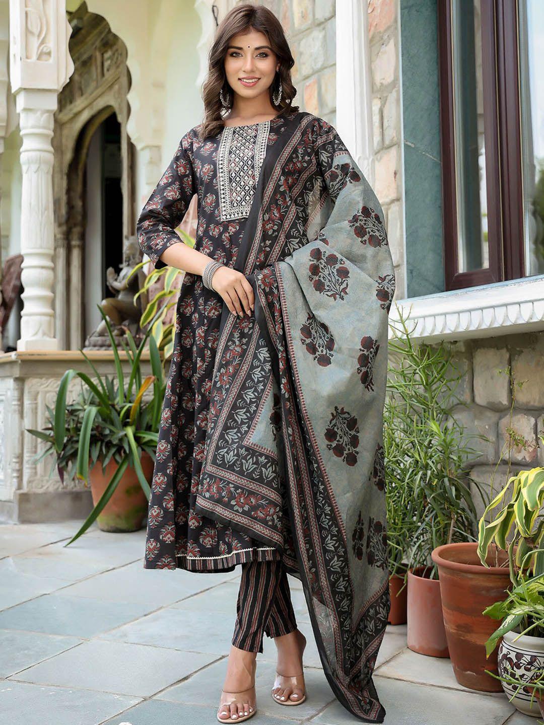 yufta ethnic motifs printed sequinned pure cotton anarkali kurta with trousers & dupatta