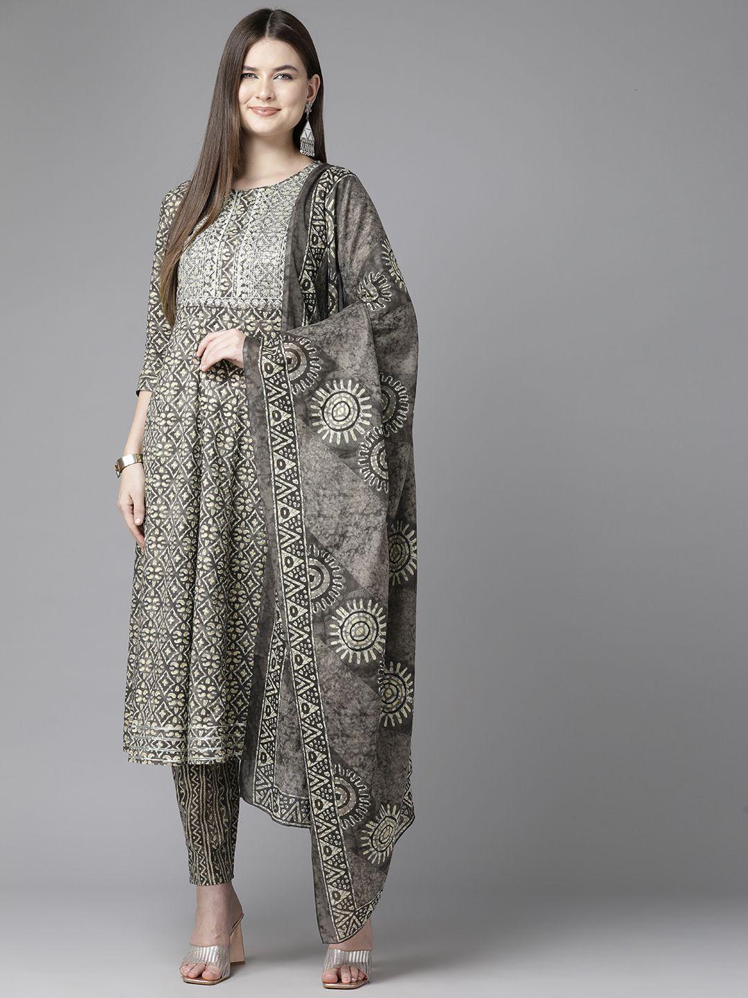 yufta ethnic motifs printed sequinned pure cotton kurta with trousers & dupatta