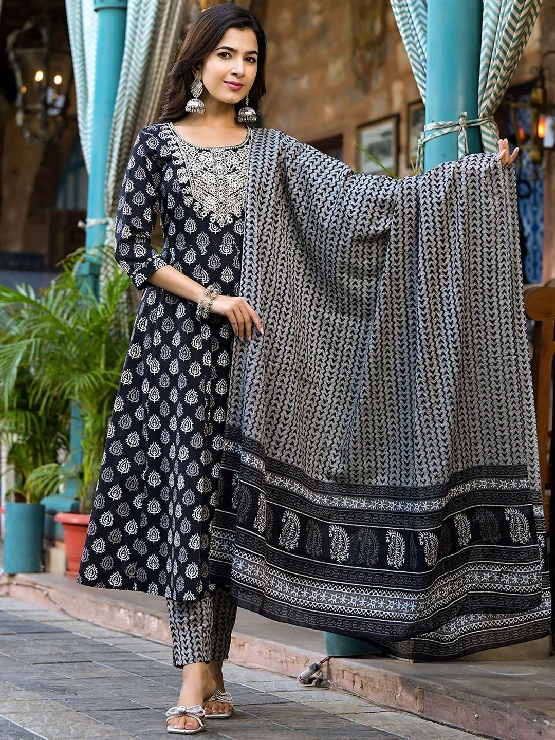 yufta ethnic motifs printed thread work pure cotton kurta with trousers & dupatta