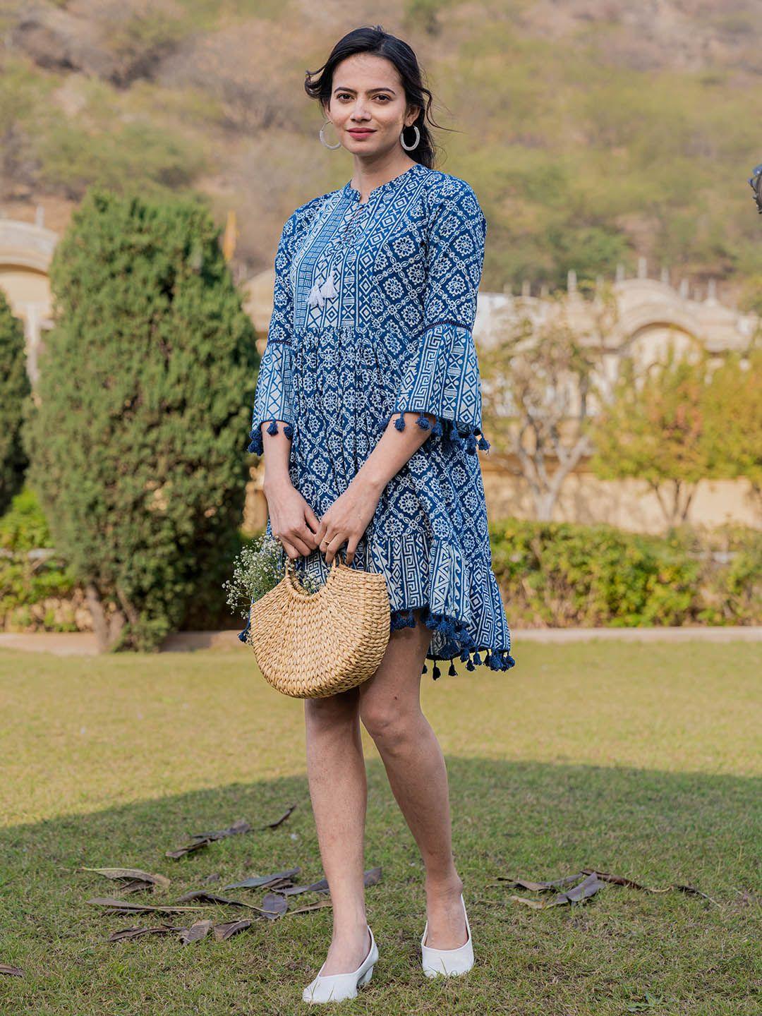 yufta ethnic motifs printed tie up neck bell sleeve pure cotton a-line dress