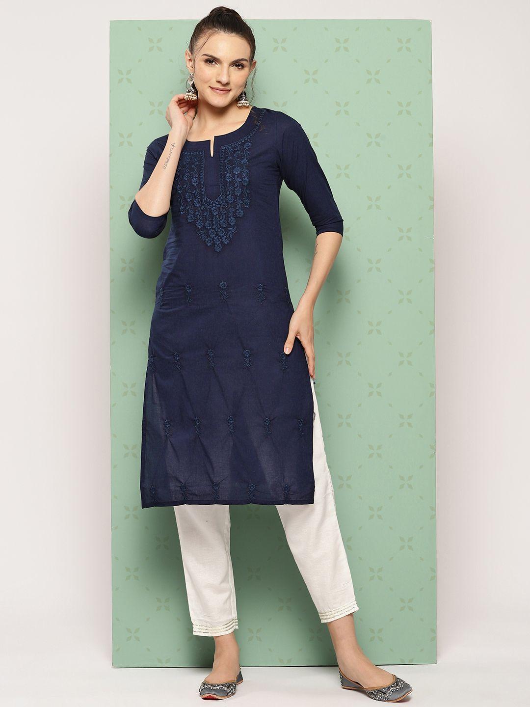 yufta floral embroidered chikankari pure cotton kurta