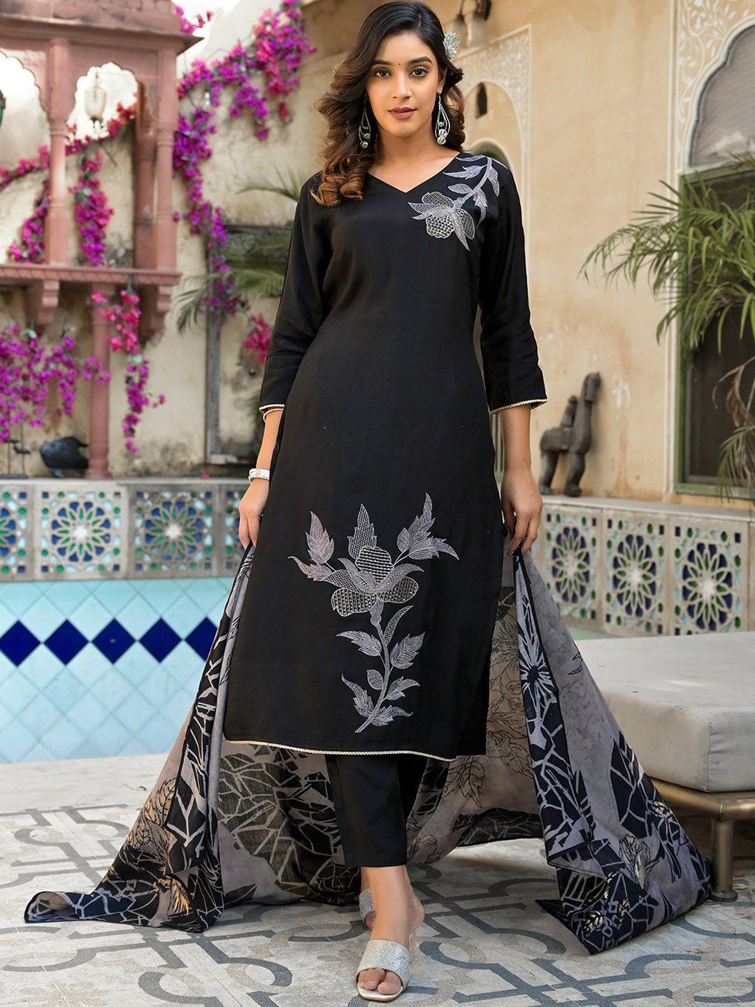 yufta floral embroidered kurta with trousers & dupatta