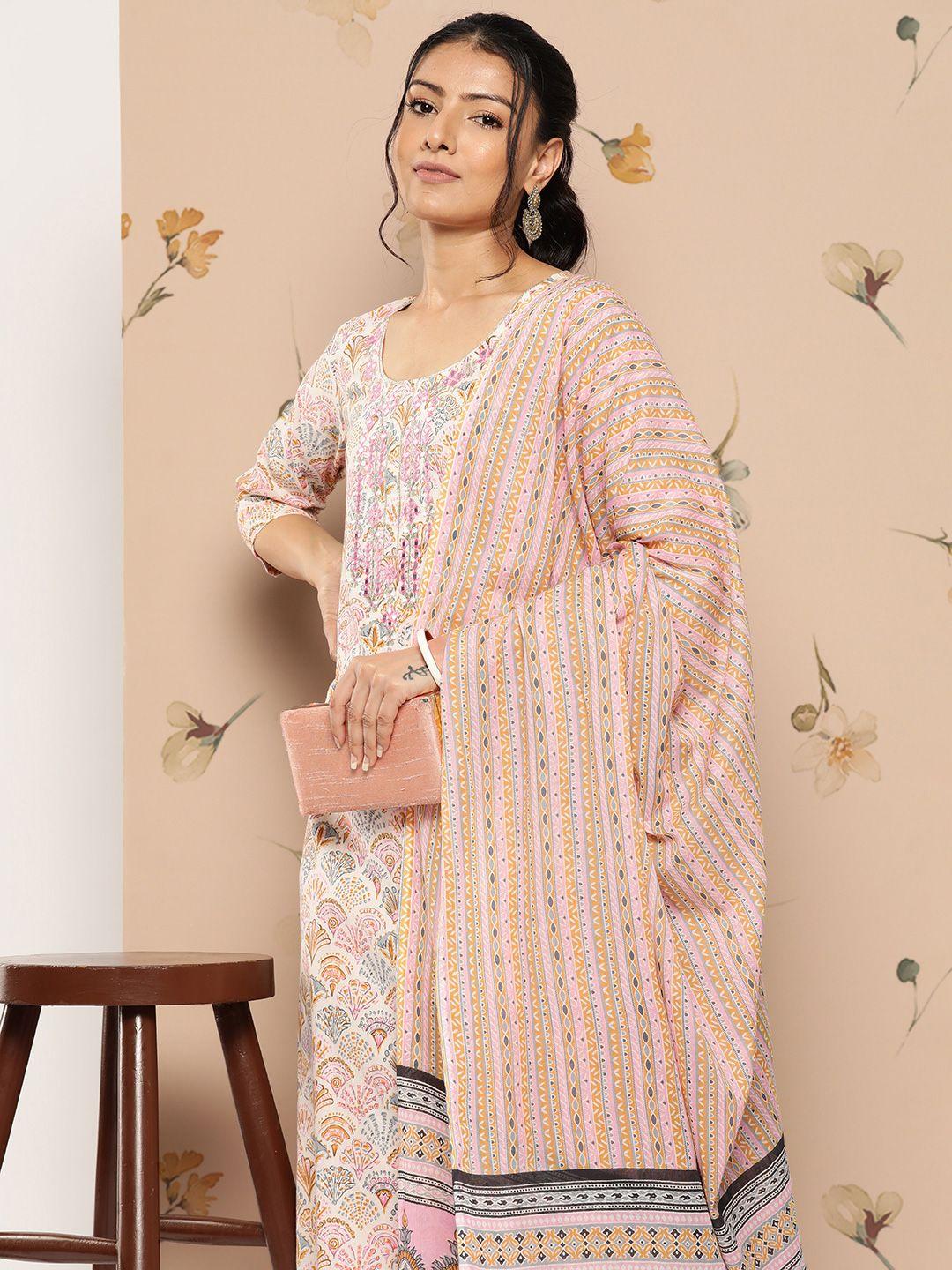 yufta floral embroidered mirror work pure cotton kurta with trousers & with dupatta