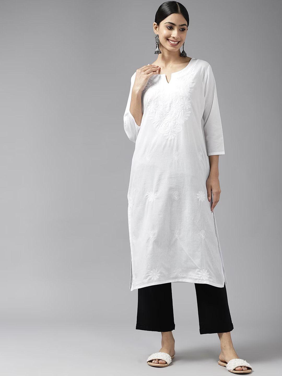 yufta floral embroidered notched neck chikankari pure cotton kurta