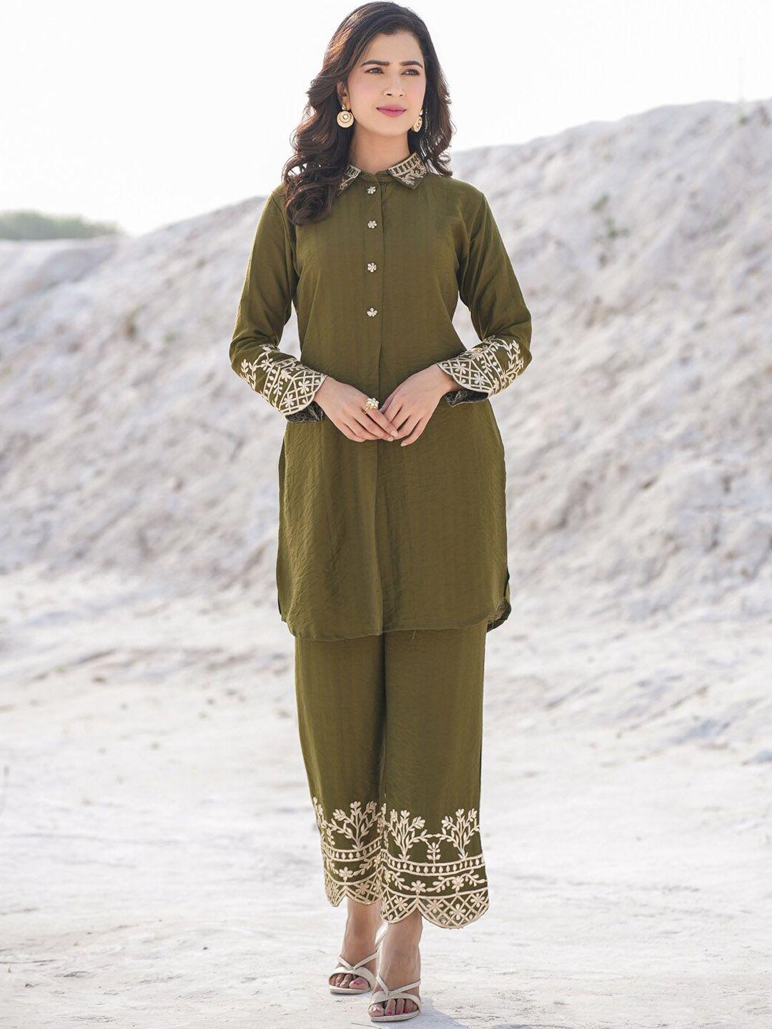 yufta floral embroidered pure silk straight tunic with trousers