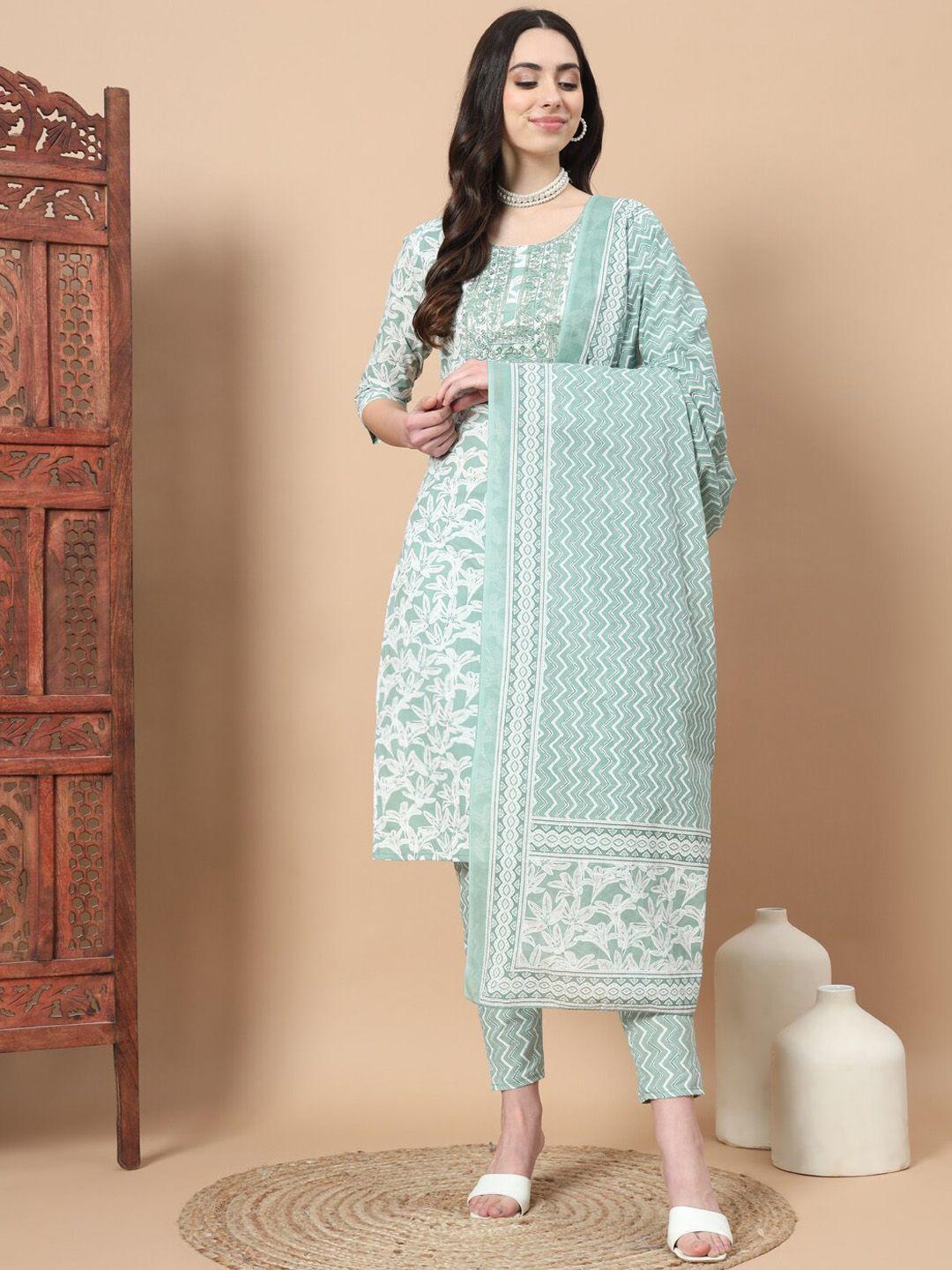 yufta floral embroidered regular sequinned pure cotton kurta with trousers & dupatta