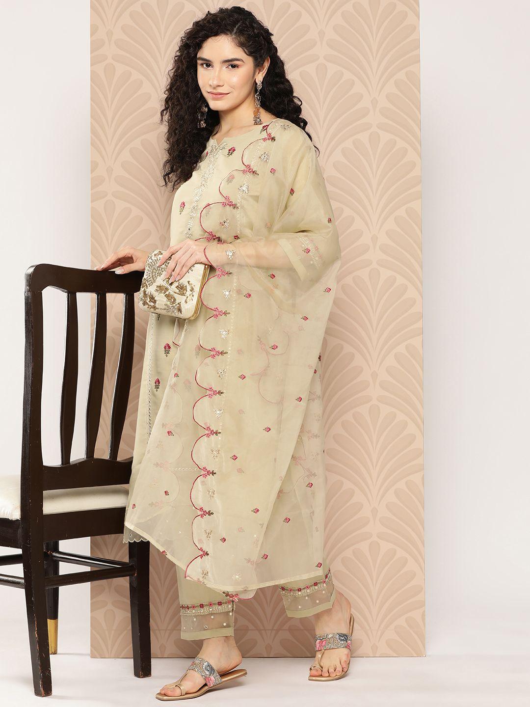 yufta floral embroidered regular thread work pure cotton kurta with trousers & dupatta