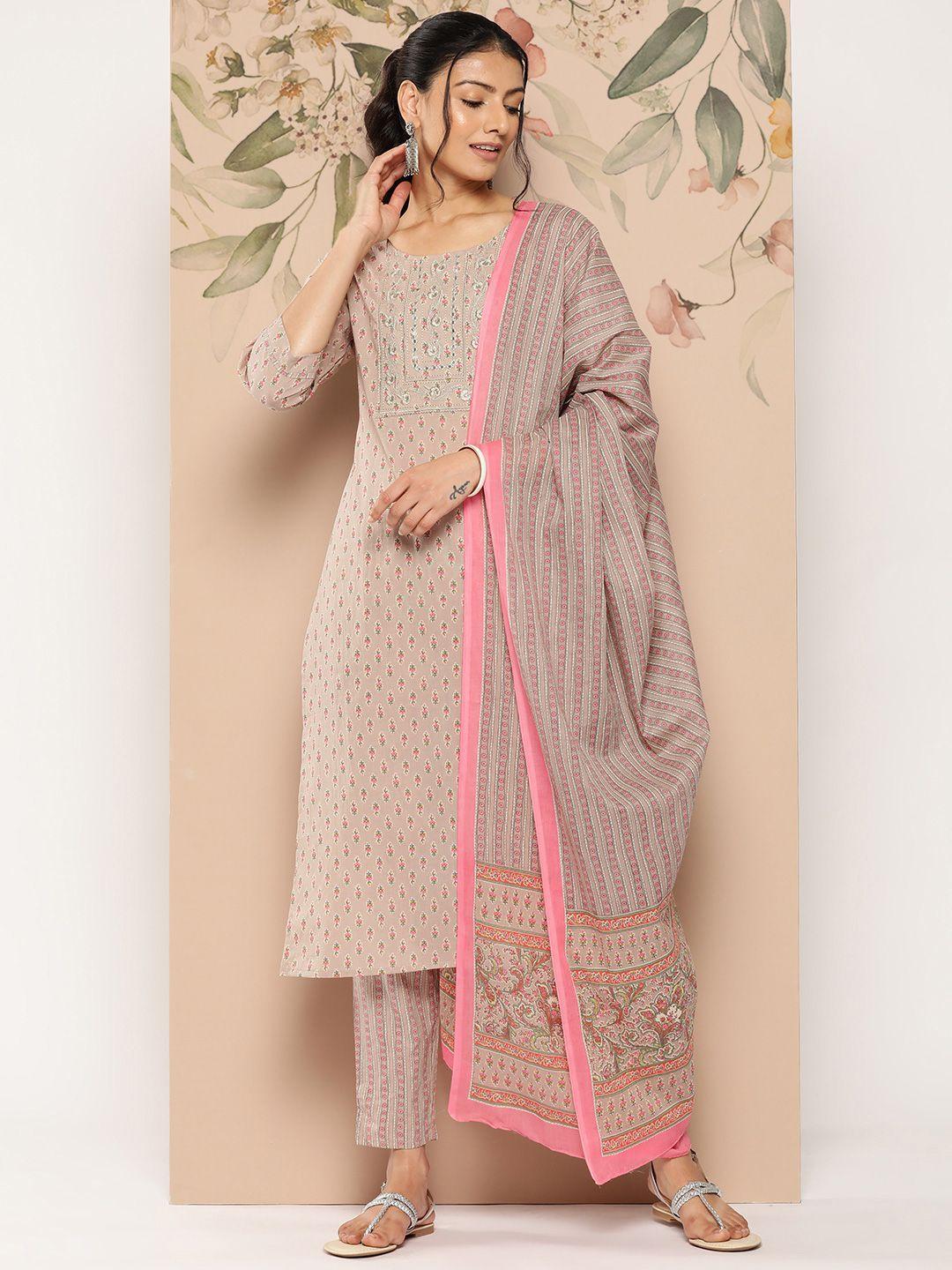 yufta floral embroidered thread work pure cotton kurta with trousers & with dupatta