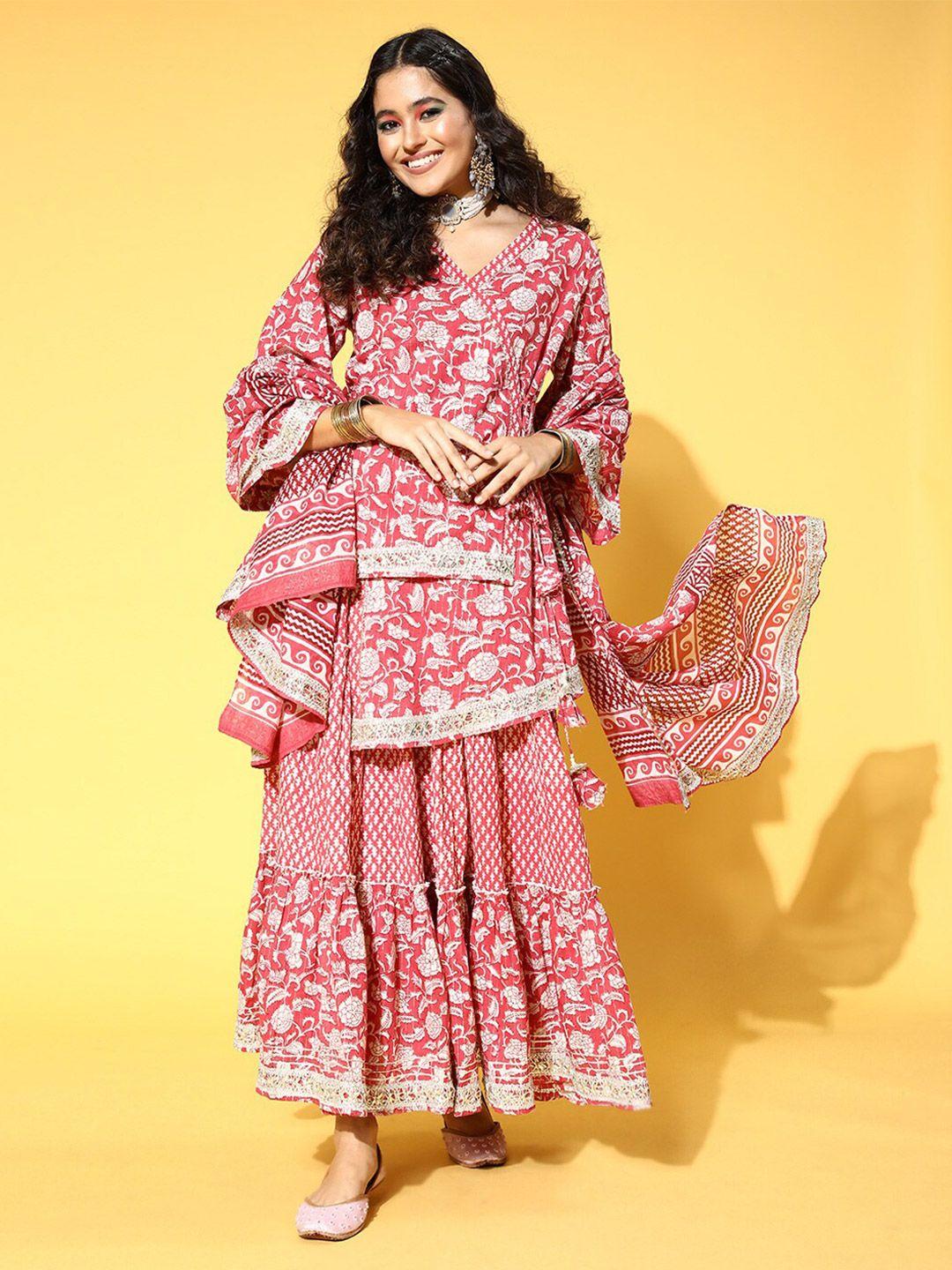 yufta floral printed angrakha gotta patti pure cotton kurti with skirt & dupatta