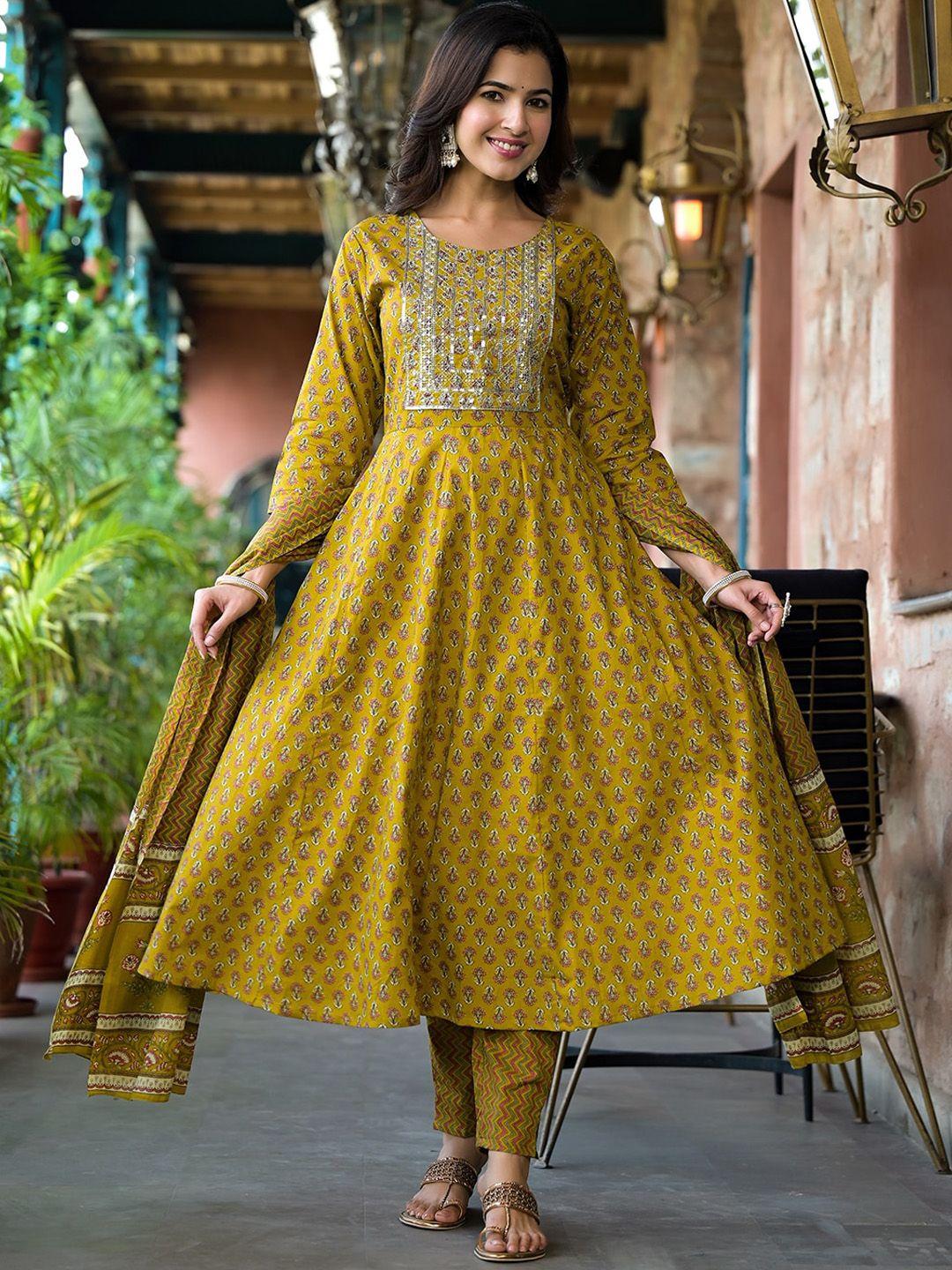 yufta floral printed empire sequinned pure cotton kurta & trousers with dupatta