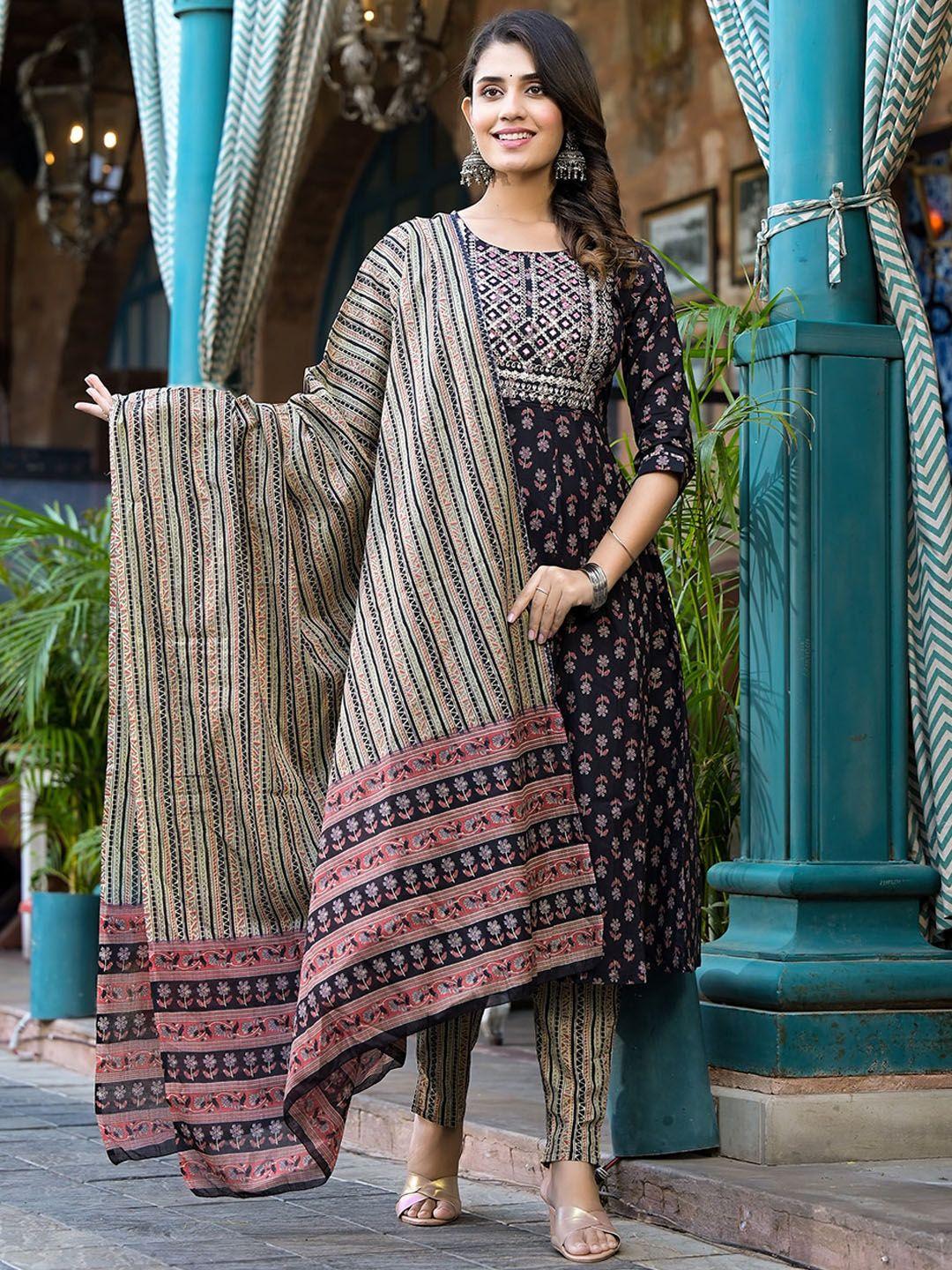 yufta floral printed empire sequinned pure cotton kurta with trousers & dupatta