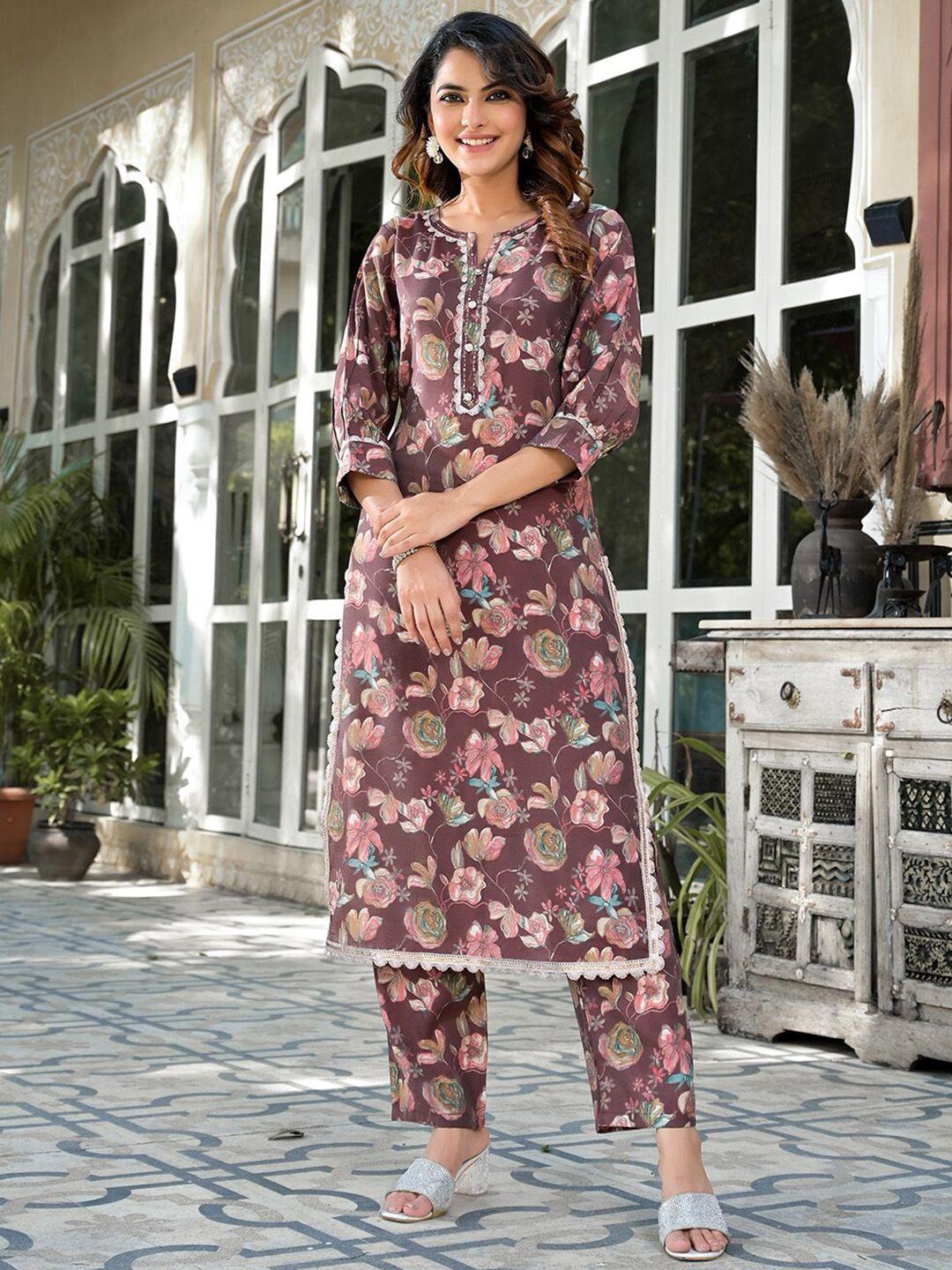 yufta floral printed patchwork puffed sleeves straight kurta with trousers