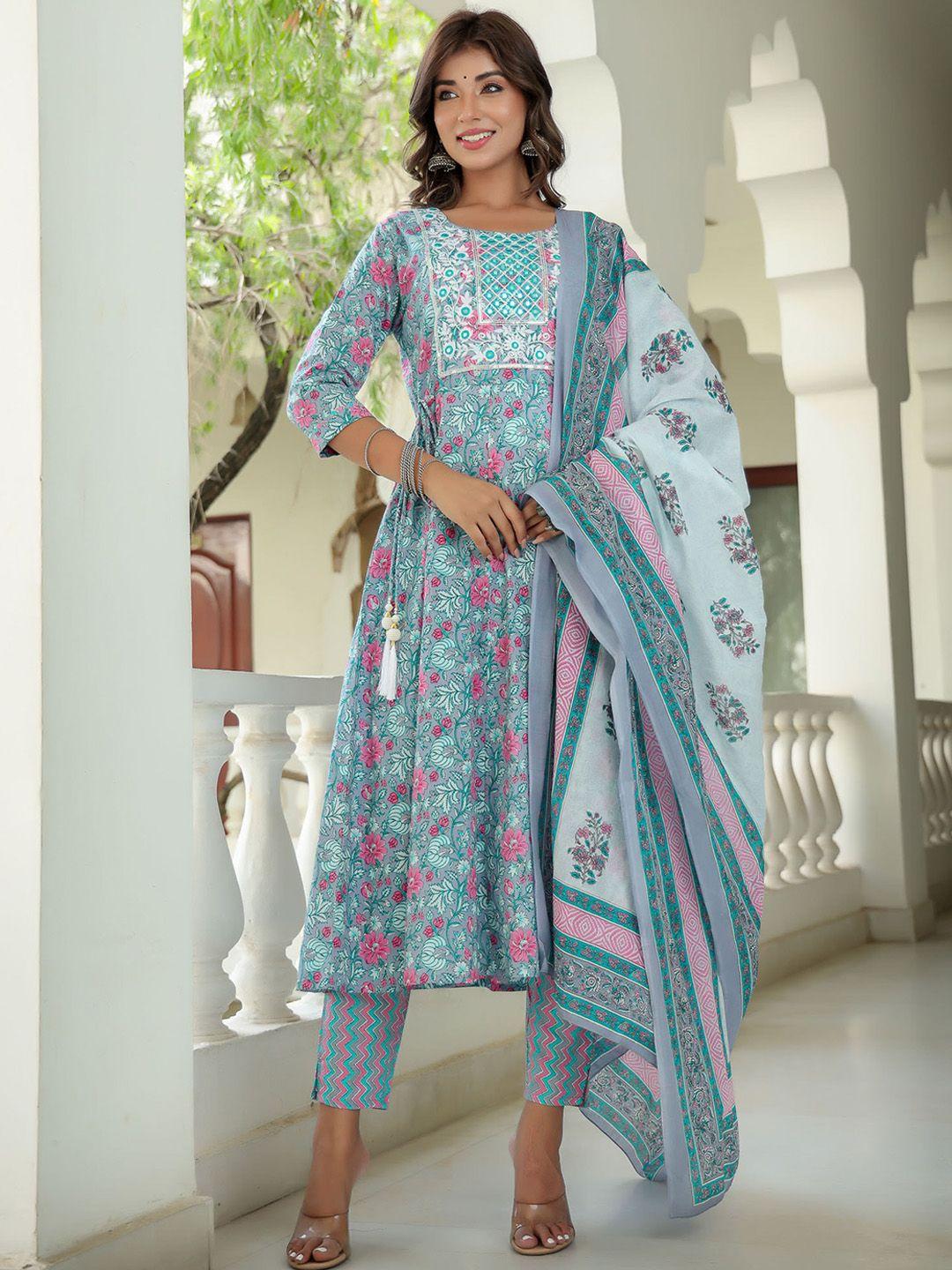 yufta floral printed pure cotton anarkali kurta with trousers & dupatta