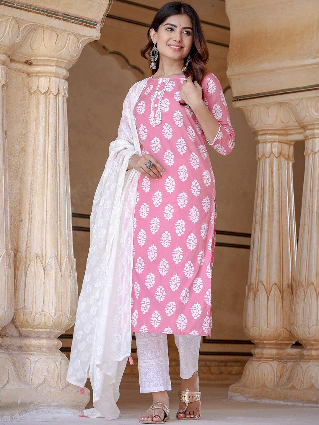 yufta floral printed regular pure cotton straight kurta & palazzos with dupatta