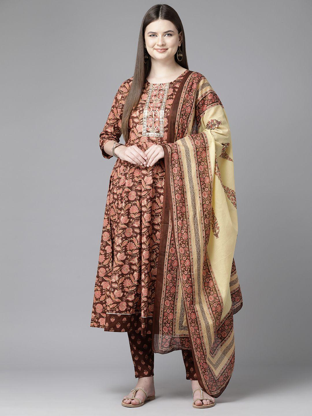 yufta floral printed regular sequinned pure cotton kurta with trousers & dupatta