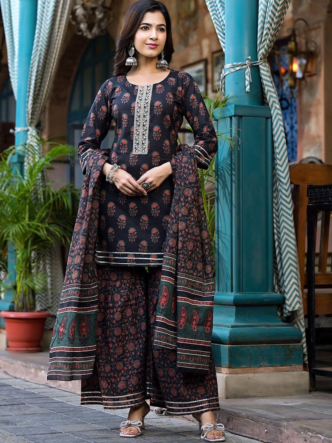 yufta floral printed regular thread work pure cotton kurta with sharara & dupatta