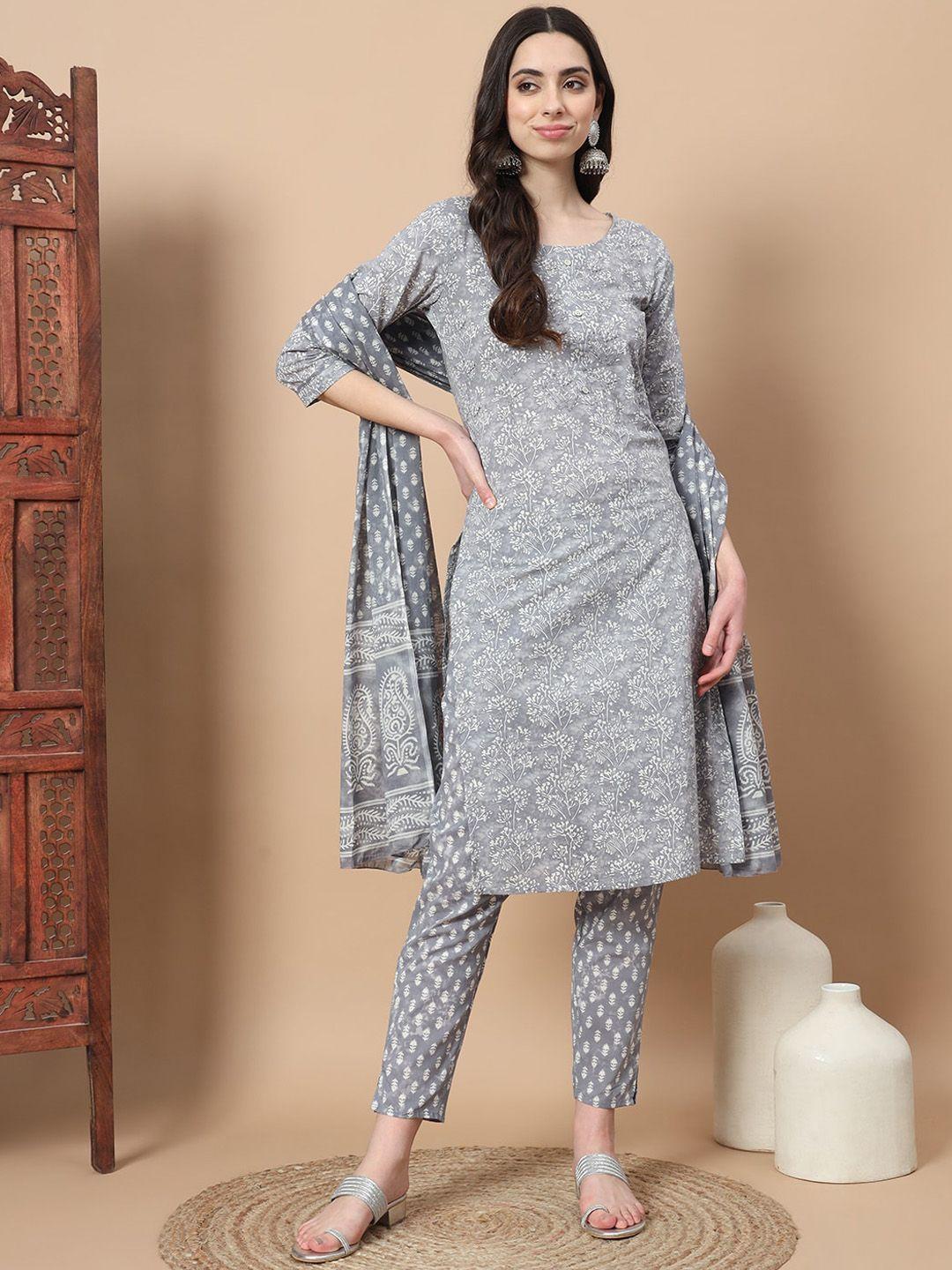 yufta floral printed round neck thread work pure cotton kurta with trousers & with dupatta