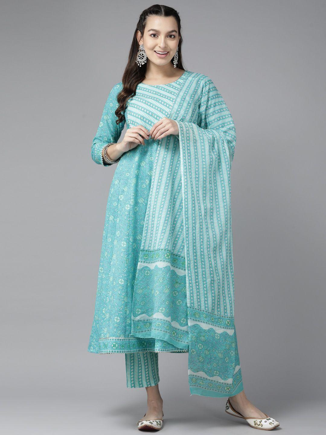 yufta floral printed sequinned pure cotton kurta with trousers & dupatta