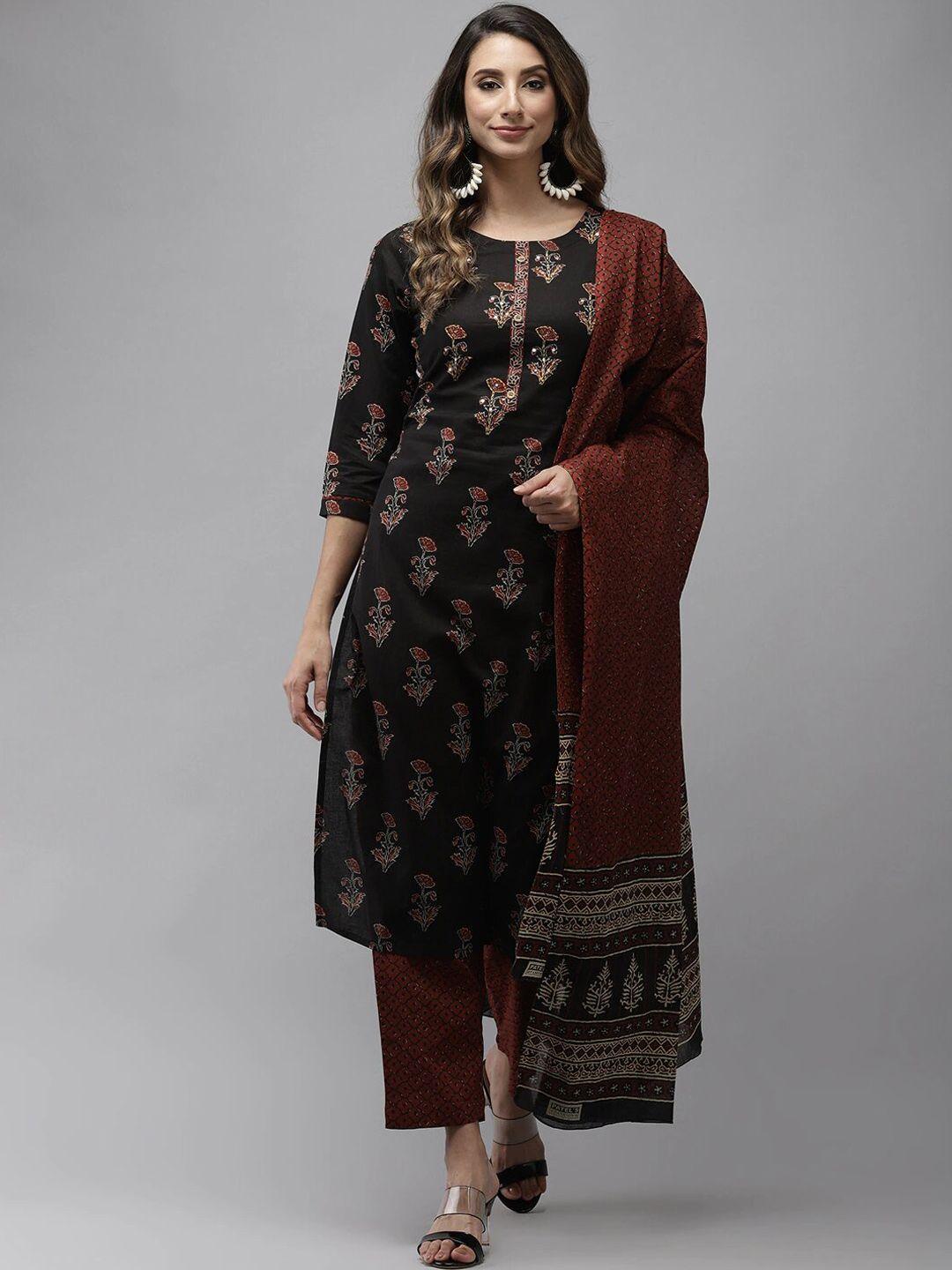 yufta floral printed sequinned pure cotton straight kurta with trousers & dupatta