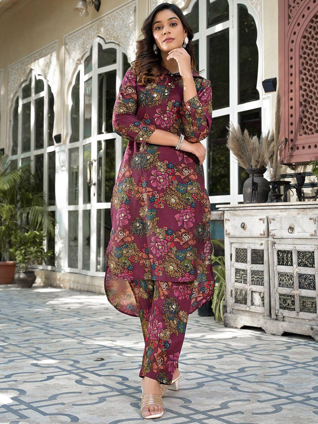 yufta floral printed shirt collar pathani kurta with trouser