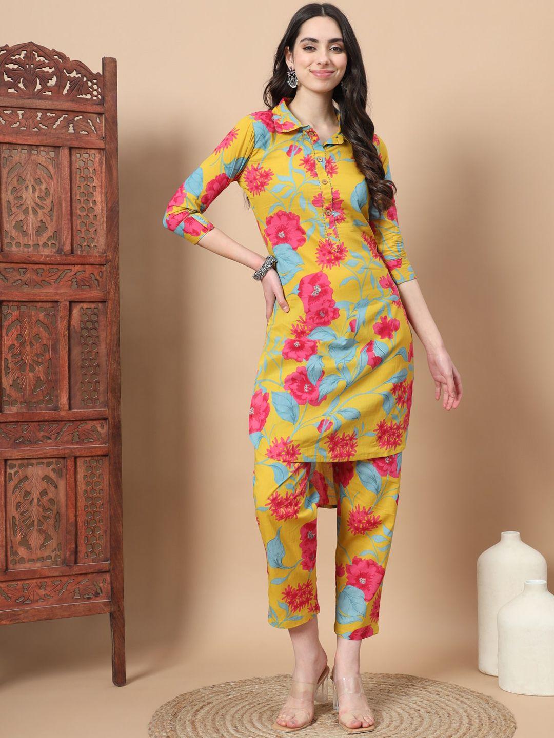 yufta floral printed shirt collar pure cotton tunic with trouser