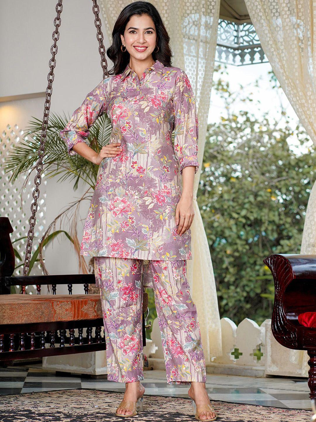 yufta floral printed shirt-collar tunic with trousers