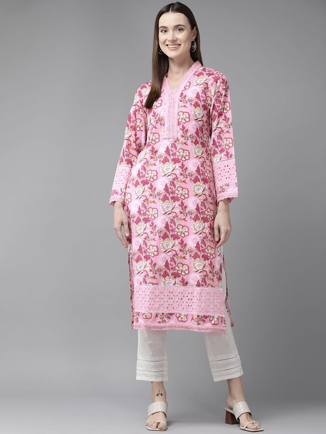 yufta floral printed thread work pure cotton kurta with trousers