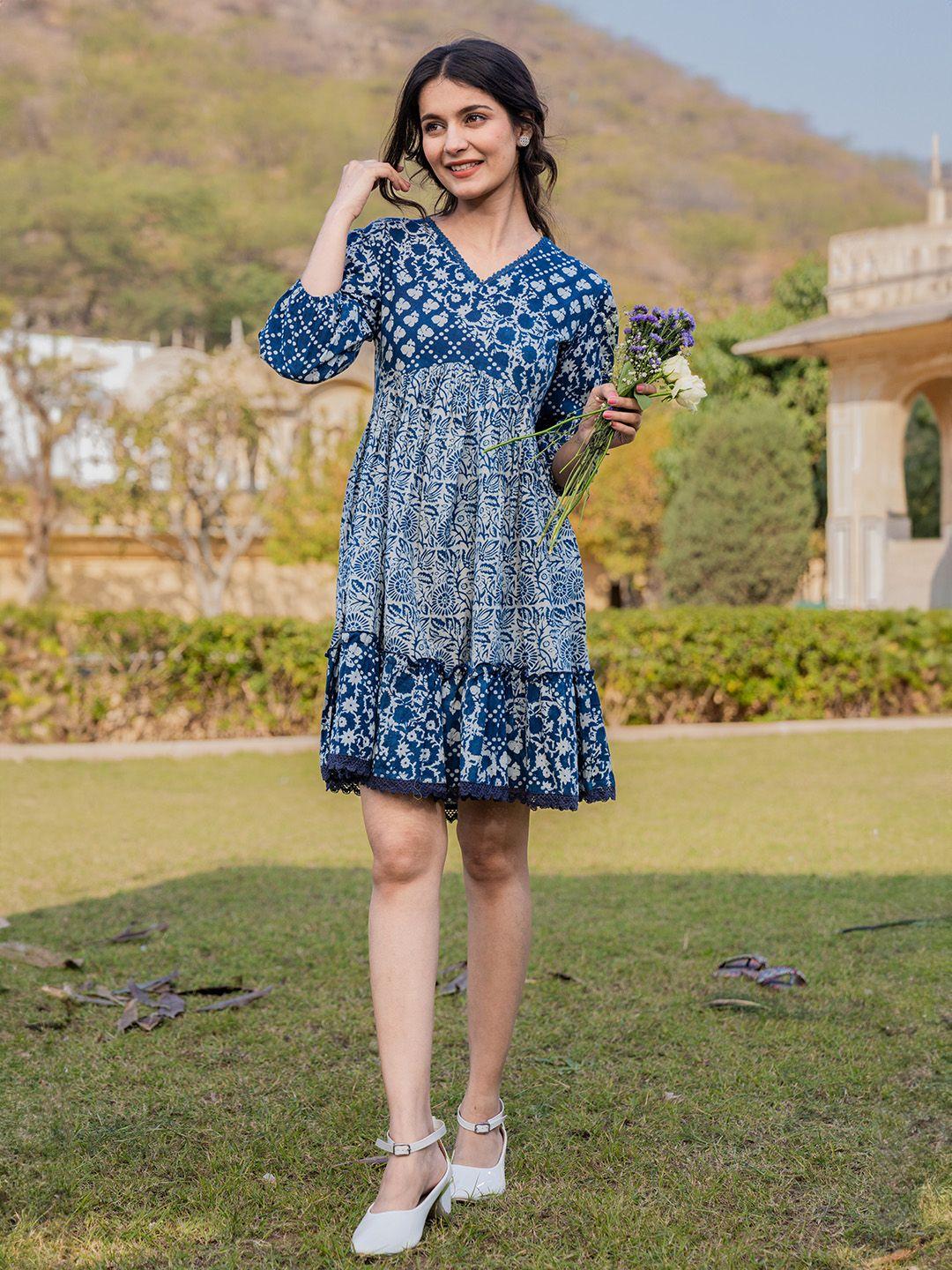 yufta floral printed v-neck lace inserts cotton fit & flare dress