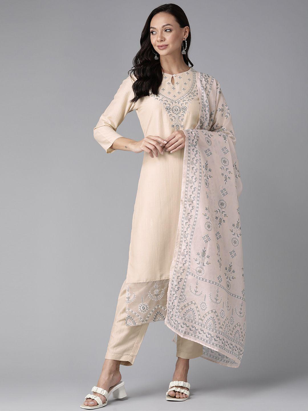 yufta floral yoke design regular sequinned pure silk kurta with trousers & with dupatta