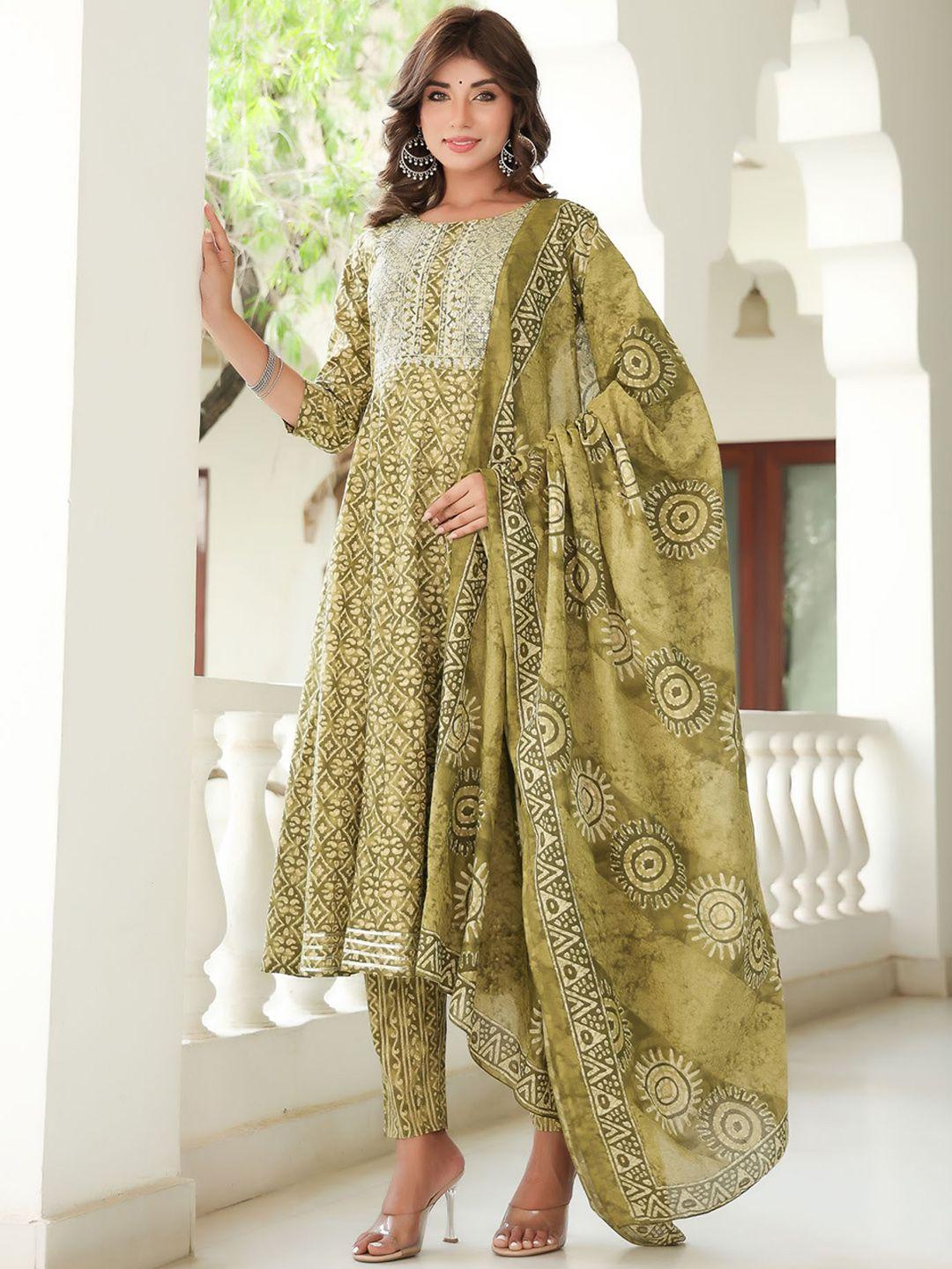 yufta geometrci printed empire sequinned pure cotton kurta with trousers & dupatta