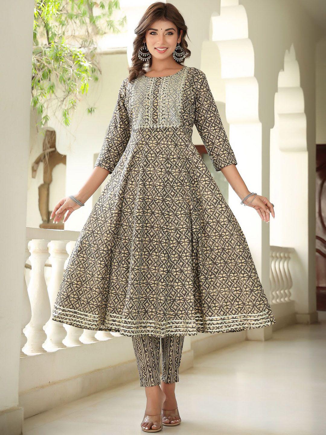 yufta geometrci printed empire sequinned pure cotton kurta with trousers & dupatta